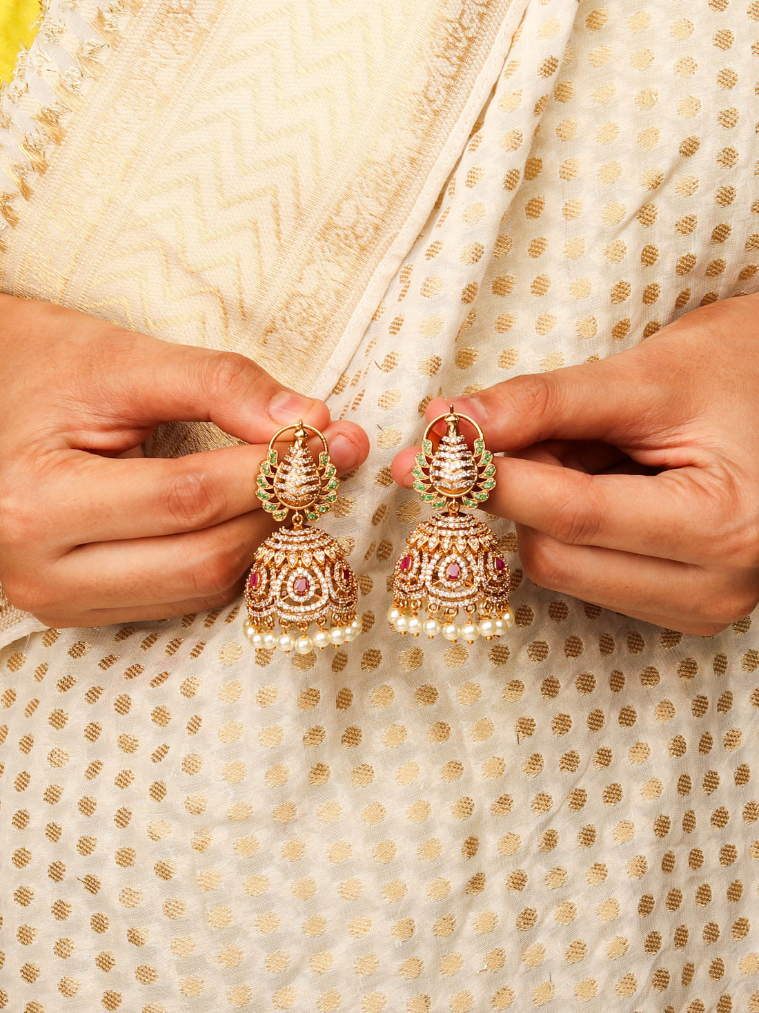 Luxurious Peacock Inspired 24K Gold Plated South Indian Jhumka With Colorful CZ Stones