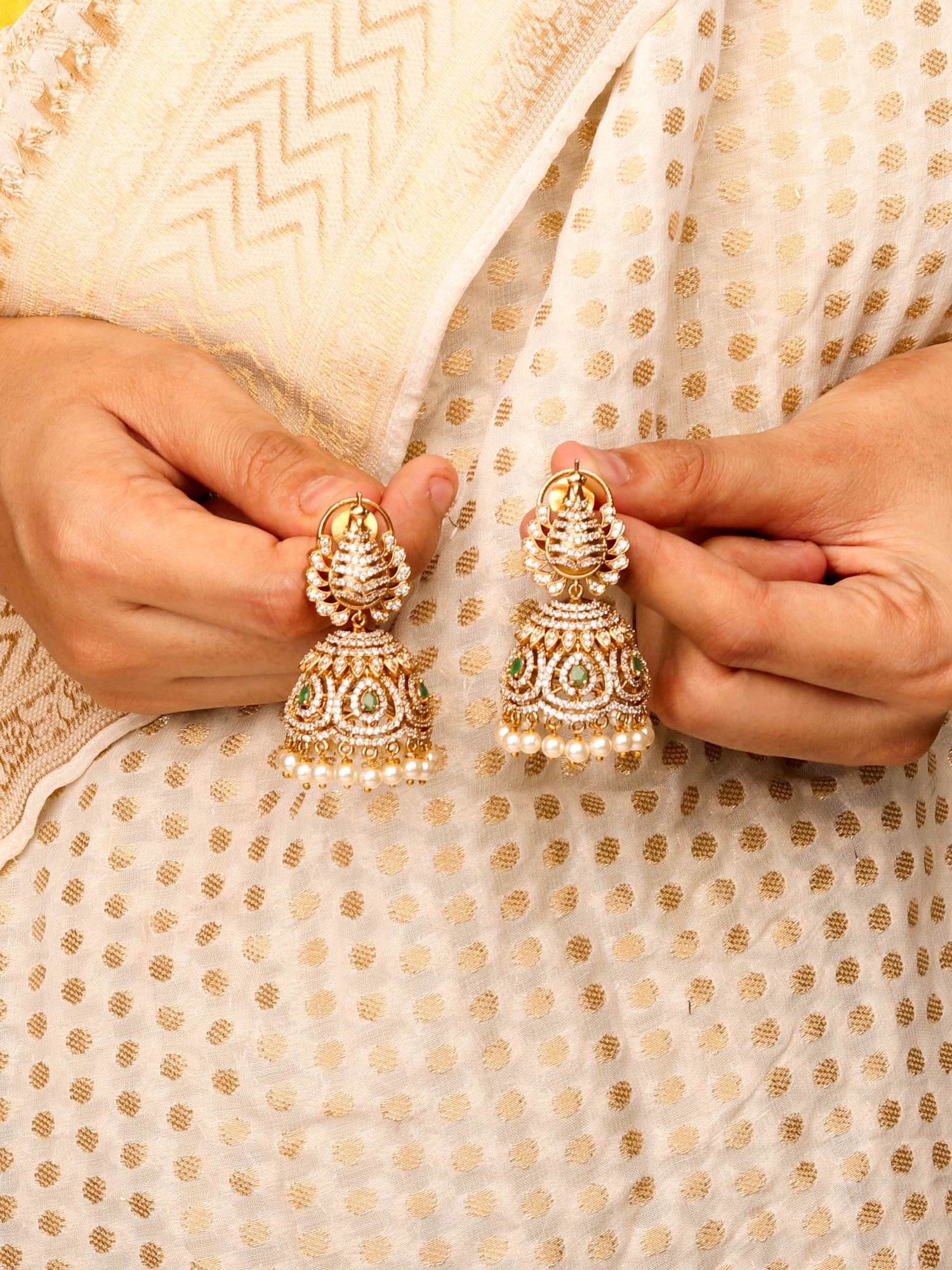 Premium 24k Gold-plated Peacock Jhumka With Emerald and White CZ Studded Stones