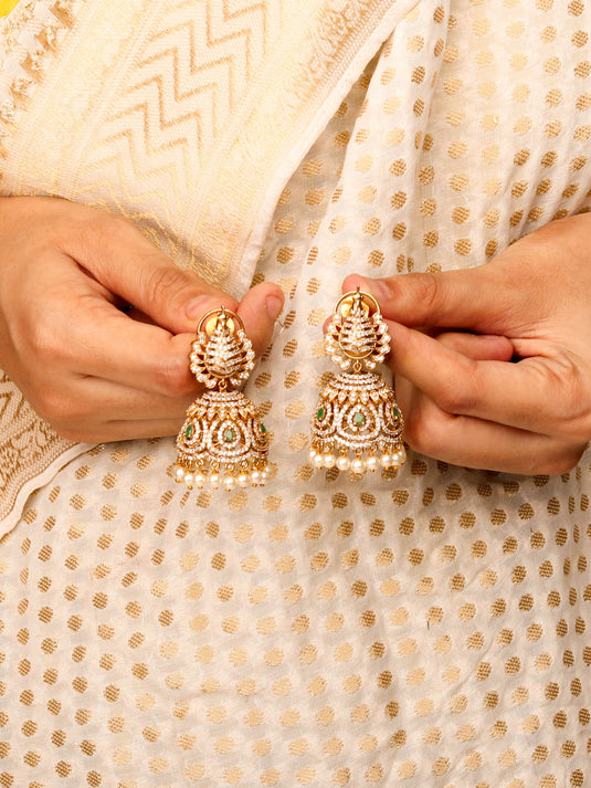 Premium 24k Gold-plated Peacock Jhumka With Emerald and White CZ Studded Stones