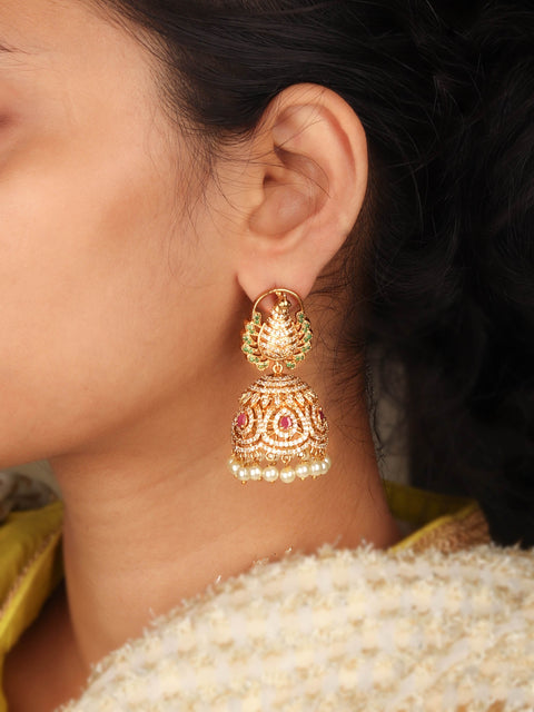 Luxurious Peacock Inspired 24K Gold Plated South Indian Jhumka With Colorful CZ Stones