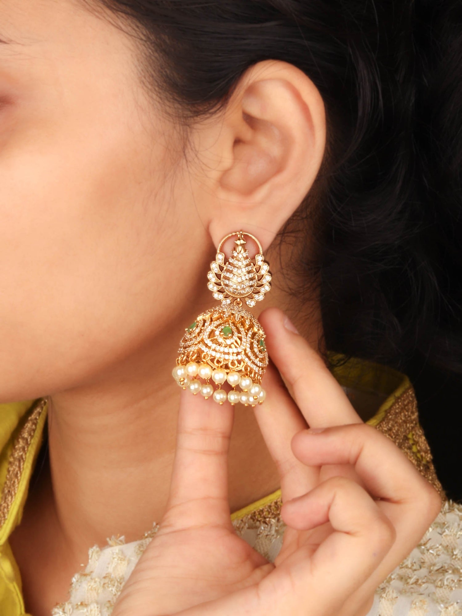 Premium 24k Gold-plated Peacock Jhumka With Emerald and White CZ Studded Stones