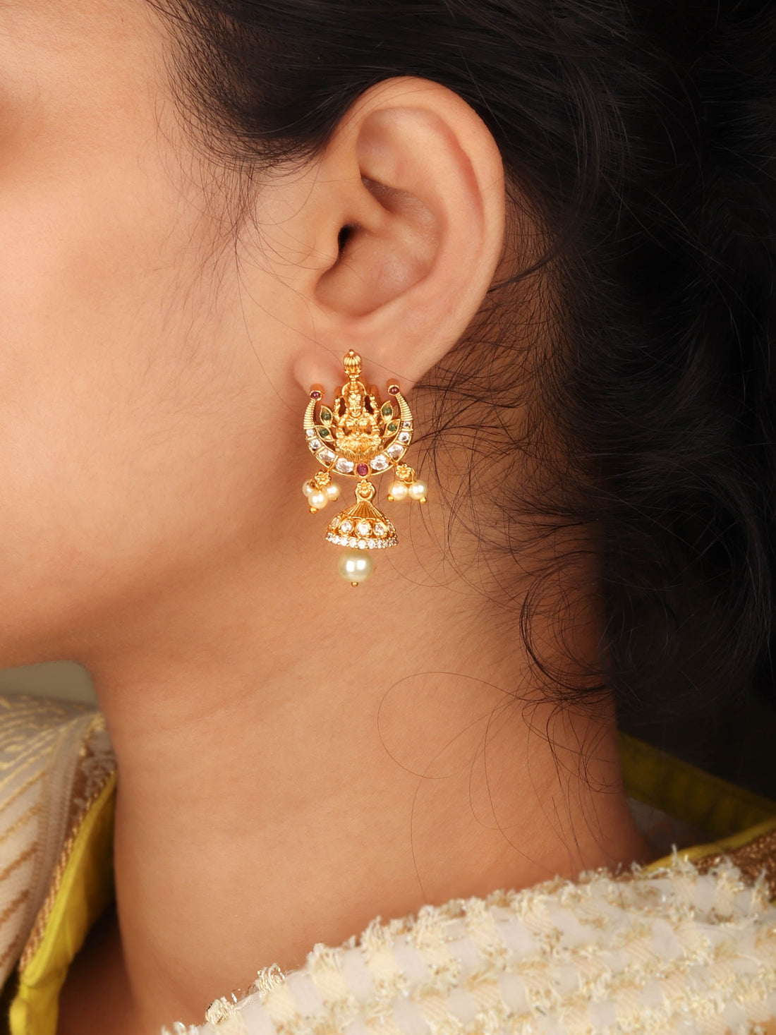 Traditional Lakshmi Goddess White Stone Earring For Women