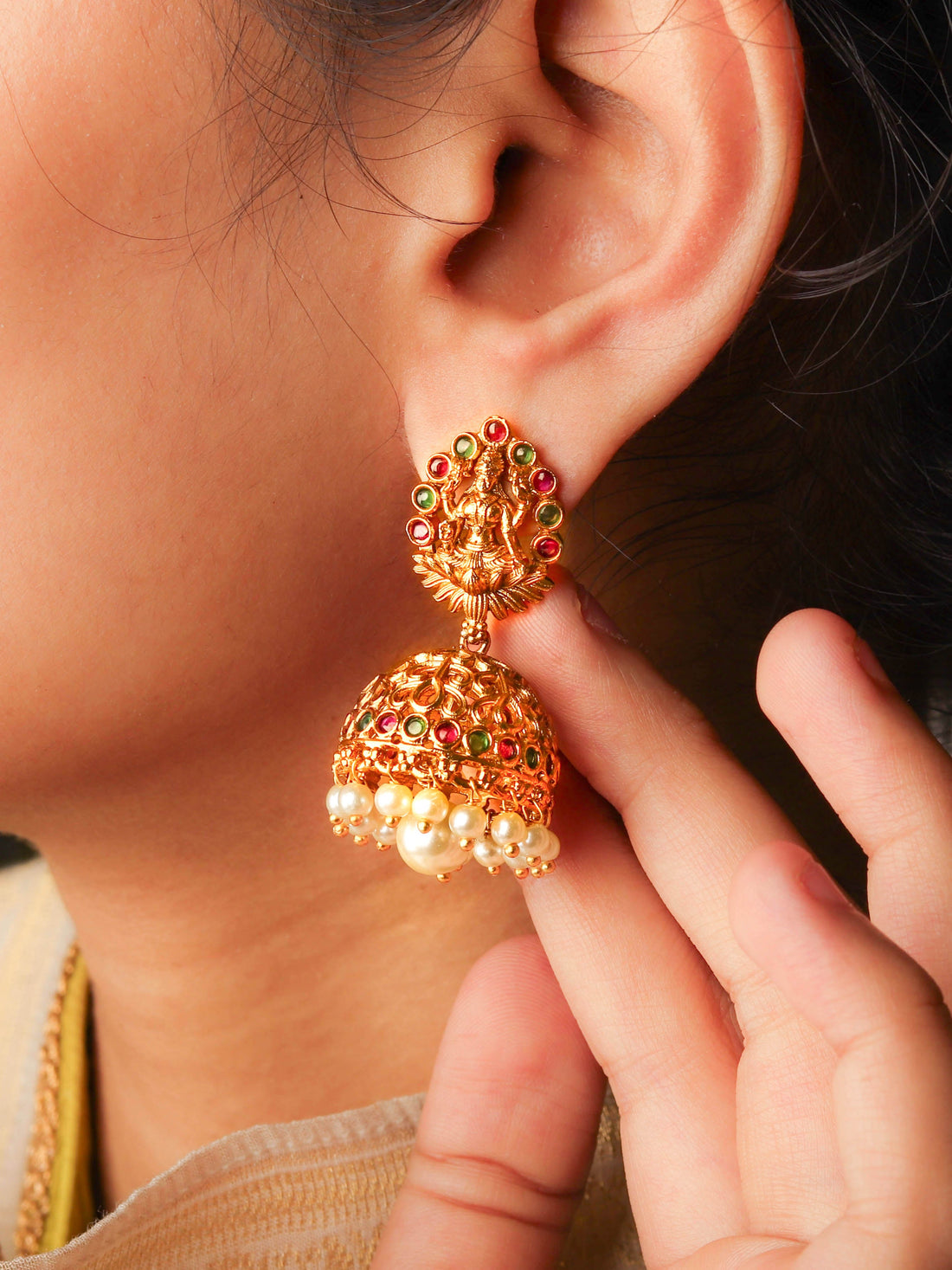 Anantara 18K Gold Plated Traditional South Indian Jhumka With Pearls For Women