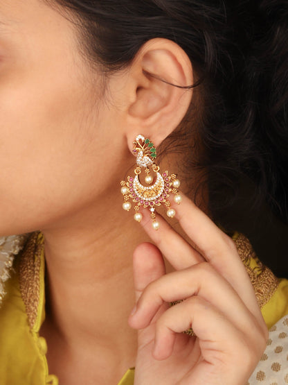 Attractive Gold Plated Peacock Inspired CZ Multi Stone Chandbali Earring For Women