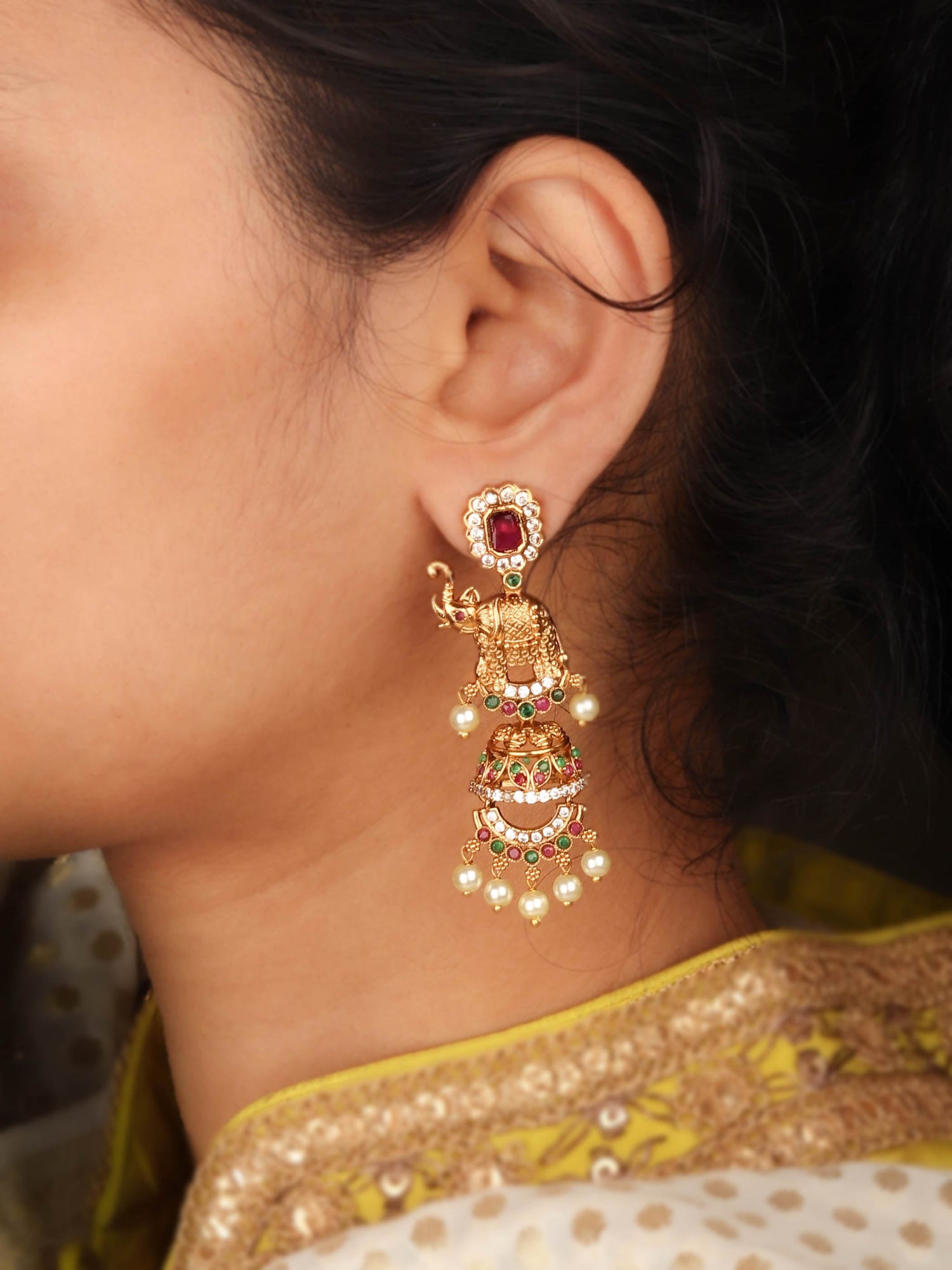 24K Gold Plated Elephant Inspired Jhumka With Ruby Color Stone and Pearls