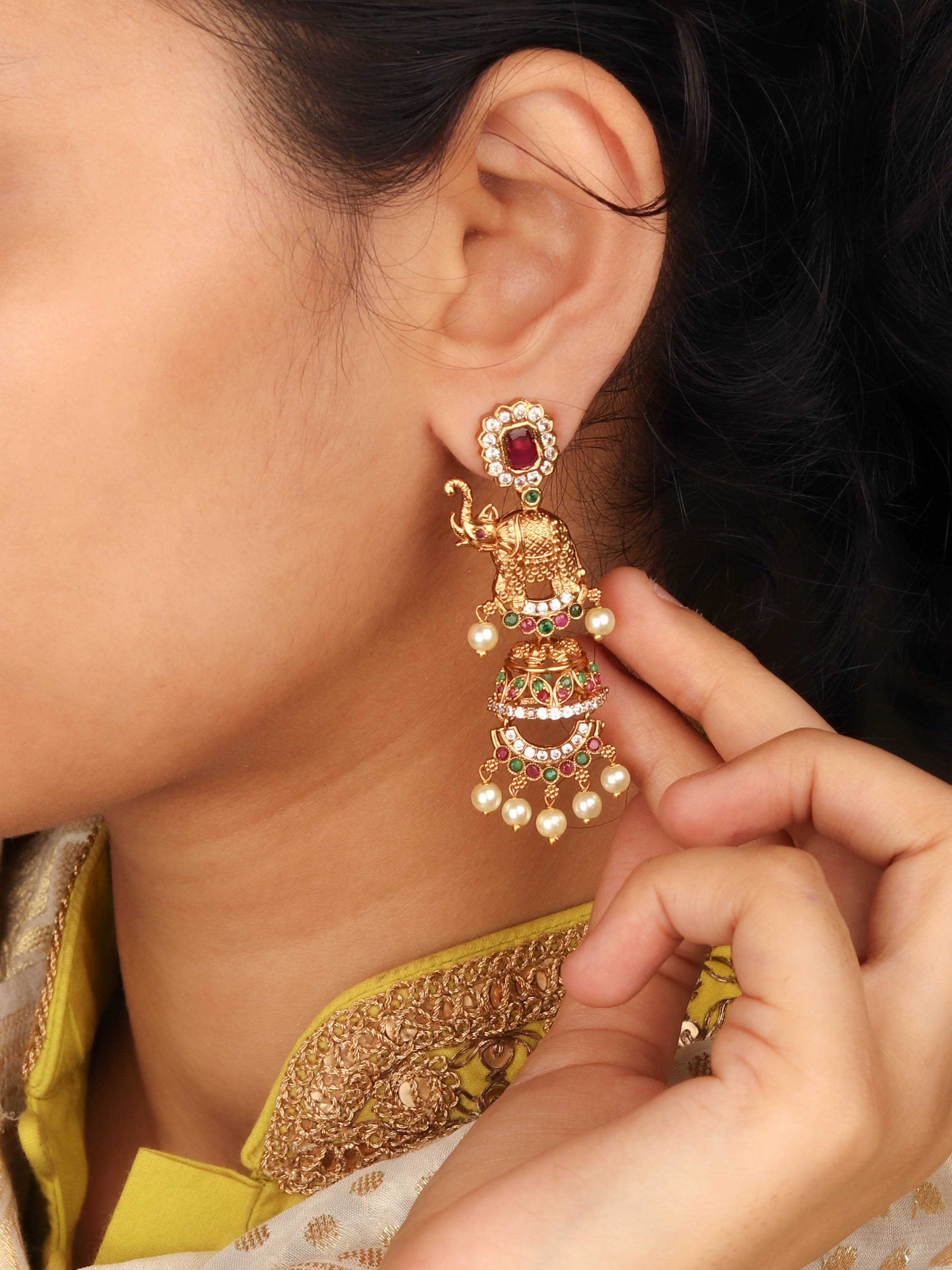 24K Gold Plated Elephant Inspired Jhumka With Ruby Color Stone and Pearls