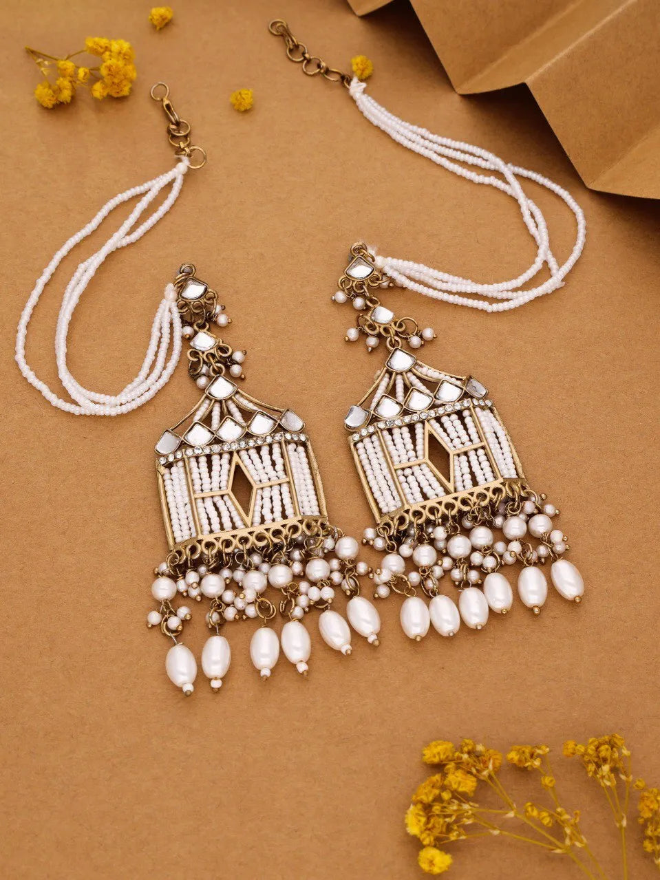 Dholi Gold Plated White Pearl Earrings &amp; Maangtikka