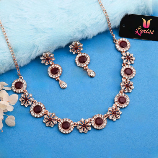 Flower Gold Plated Blue Maroon AD Necklace Set