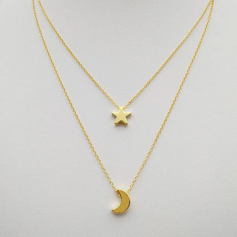 Classic Look Dual Layer Chain With Moon And Star Design Gold Plated Destiny Jewels