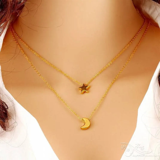 Classic Look Dual Layer Chain With Moon And Star Design Gold Plated Destiny Jewels