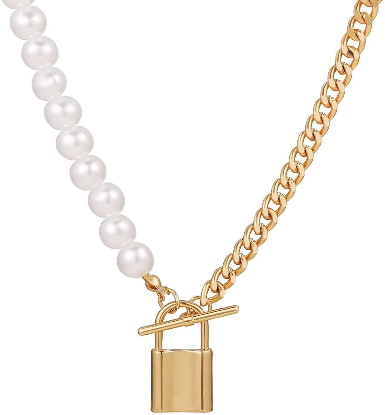 Stylish Gold Plated Pearl and Chainlink Lock Pendant Necklace Destiny Jewels