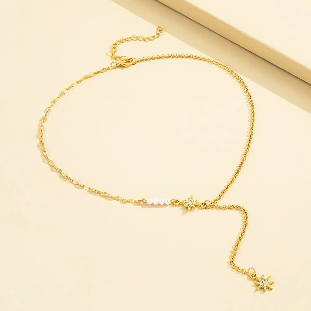 Crystal Gold-Plated Pearl Decor Lariat Necklace Destiny Jewels