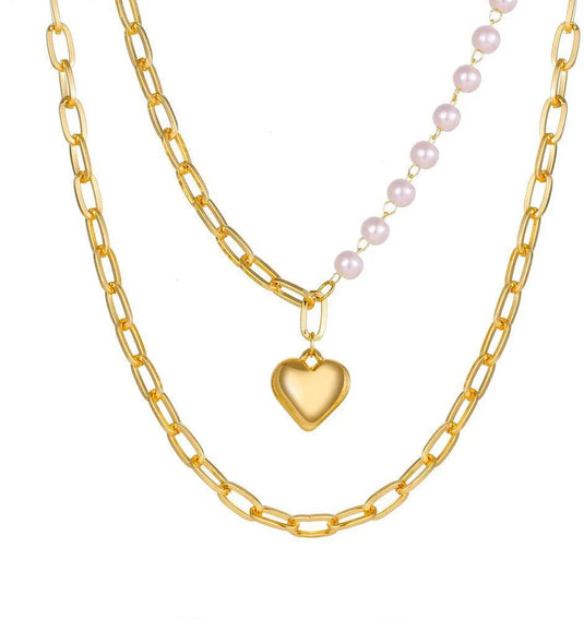 Layered Stylish Gold Plated Pearl Love Heart Pendant Thick Chain Necklace Destiny Jewels