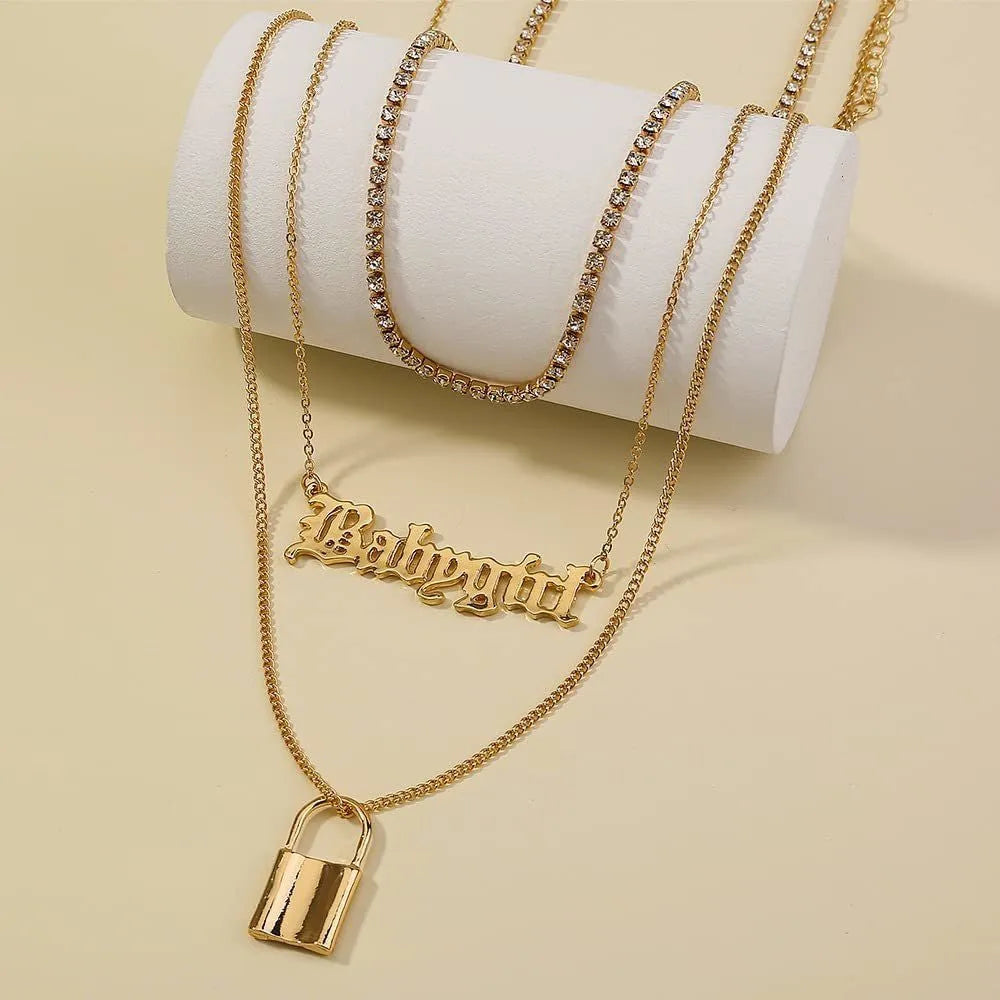 Layered Stylish Gold Plated Crystal Studded Babygirl Lock Pendants Necklace Gold-Plated Plated Brass Chain Set Destiny Jewels