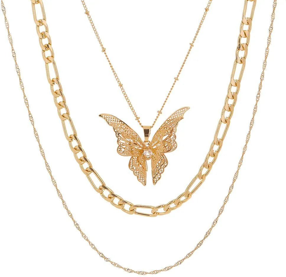 Layered Stylish Gold Plated Crystal Inlay Butterfly Thick Chain Necklace Chains Destiny Jewels