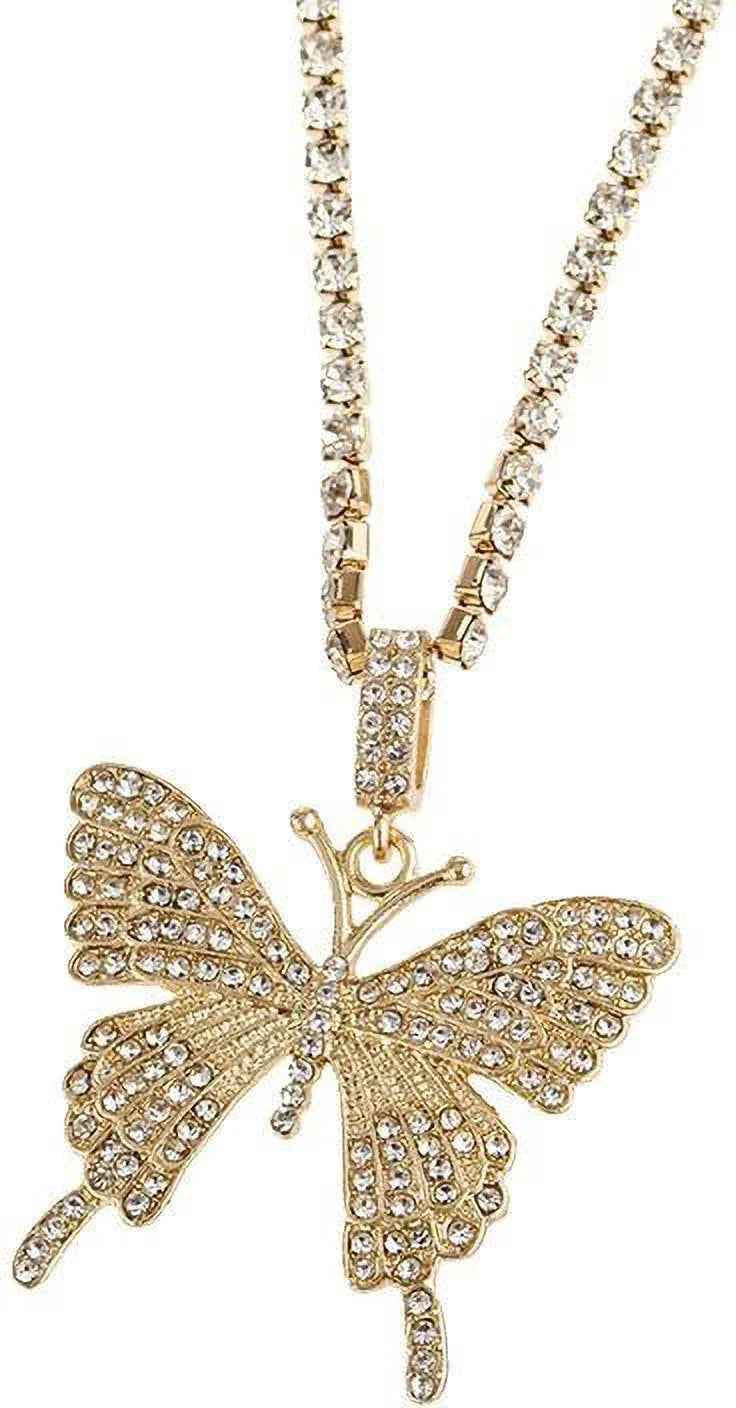 Stylish Gold Plated Crystal Inlay Butterfly Pendants Necklace Chain Destiny Jewels