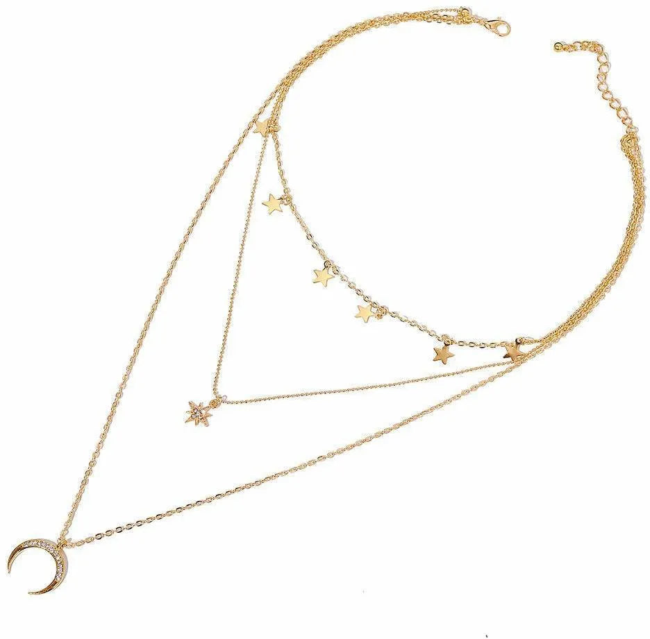 Stylish Simple Gold Plated Stars Moon Pendant Necklace Destiny Jewels