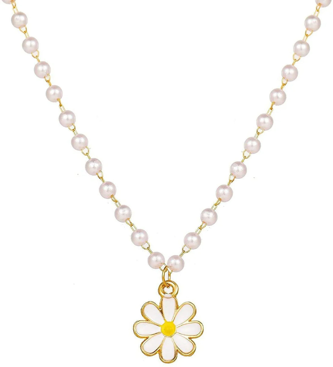 Pendant Necklace - Stylish Gold Plated Flower Pendant Pearl Chain Necklace Gold-Plated Plated Brass Chain Destiny Jewels