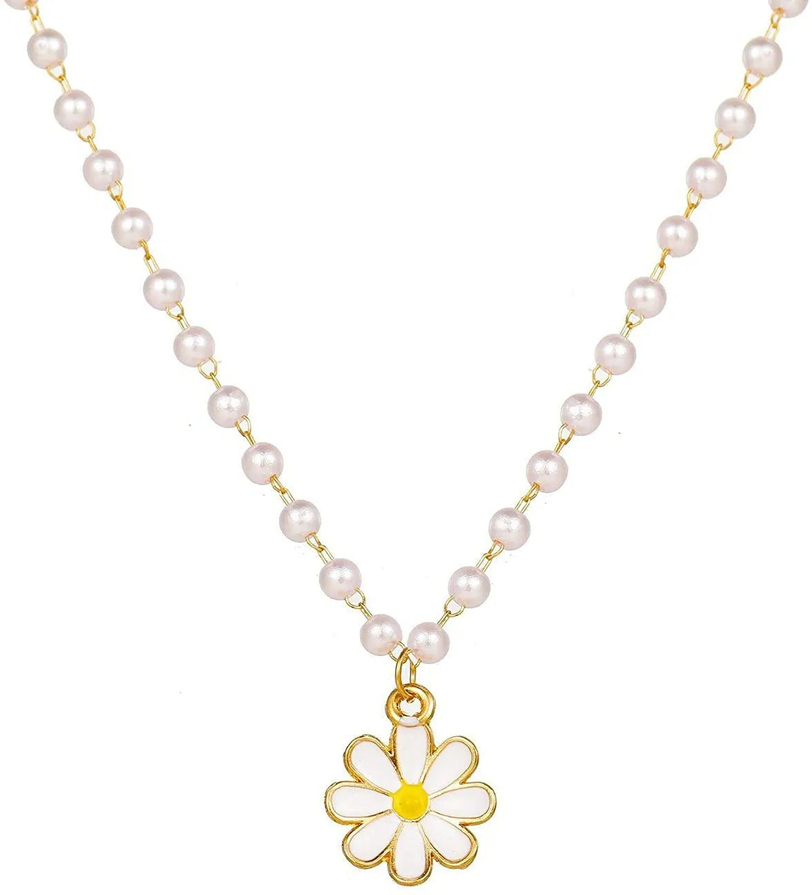 Pendant Necklace - Stylish Gold Plated Flower Pendant Pearl Chain Necklace Gold-Plated Plated Brass Chain Destiny Jewels