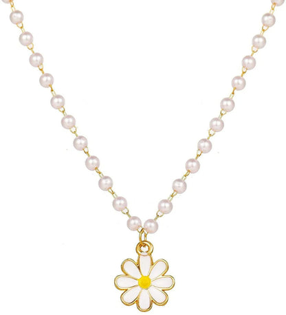 Pendant Necklace - Stylish Gold Plated Flower Pendant Pearl Chain Necklace Gold-Plated Plated Brass Chain Destiny Jewels