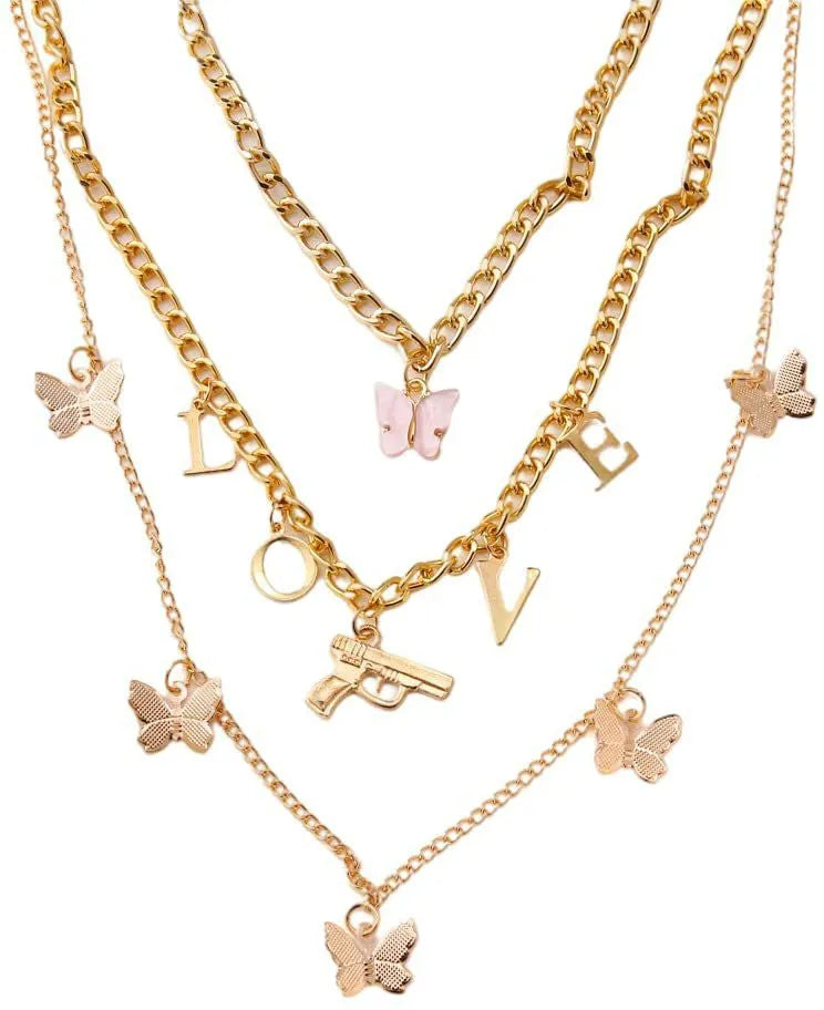 Layered Stylish Gold Plated Gun Butterfly Love Pendants Necklace Chains Destiny Jewels