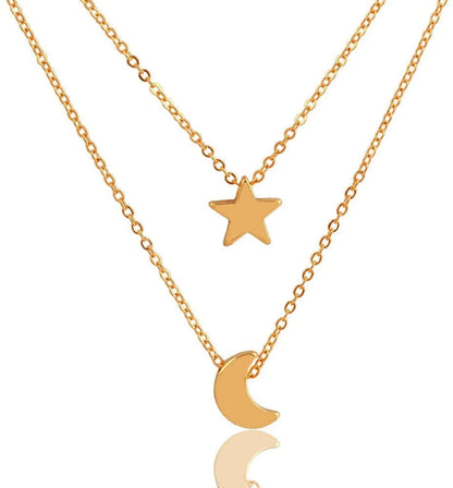 Classic Look Dual Layer Chain With Moon And Star Design Gold Plated Destiny Jewels