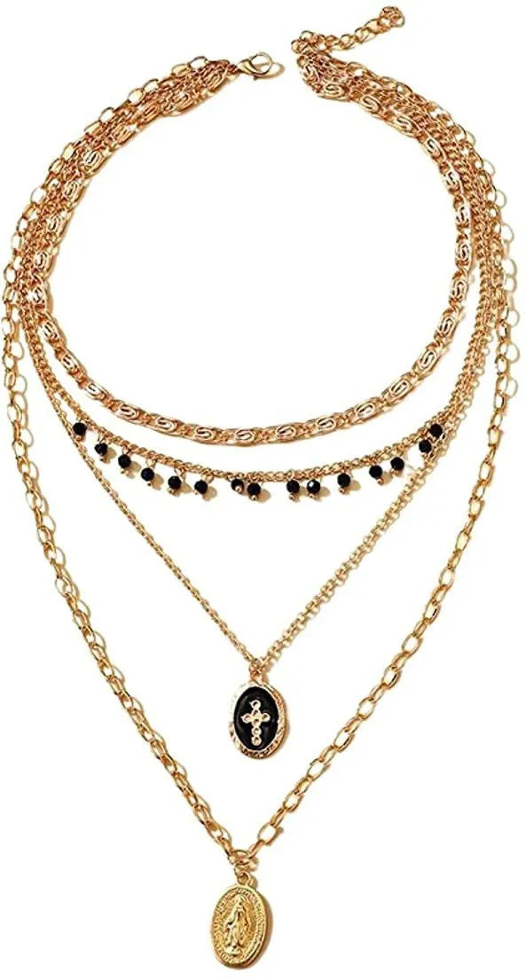 Layered Black Beaded Religious Gold Plated Necklace Chain Destiny Jewels