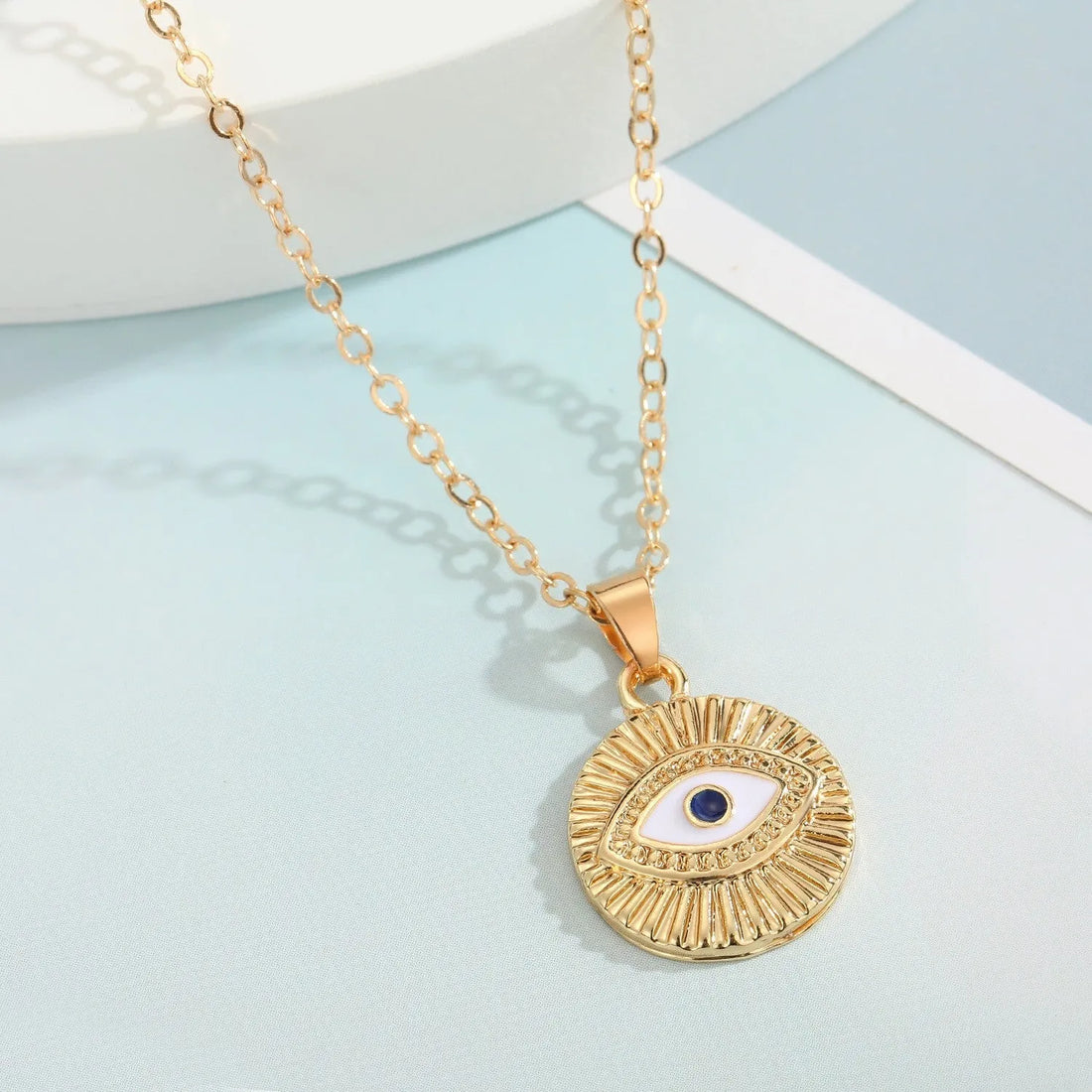 Gold Plated Stunning Circle Blue Evil Eye Pendant Necklace Alloy Necklace Destiny Jewels