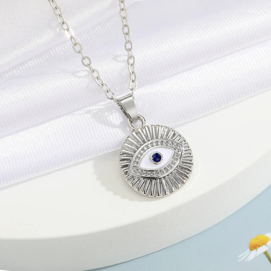 Silver Plated Stunning Circle Blue Evil Eye Pendant Necklace Alloy Necklace Destiny Jewels