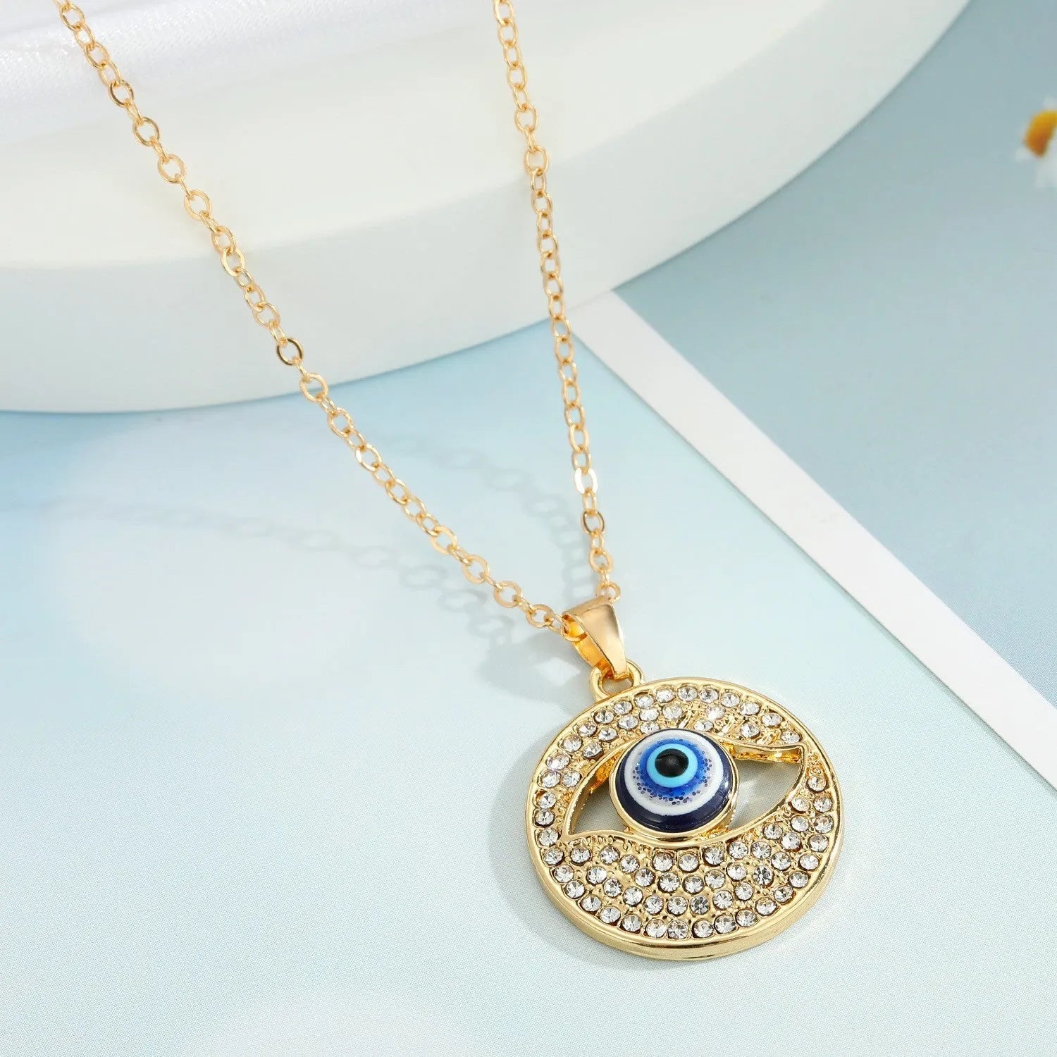 Gold Plated Rhinestones Evil Eye Design Circle Pendant Necklace Zircon Alloy Necklace Destiny Jewels