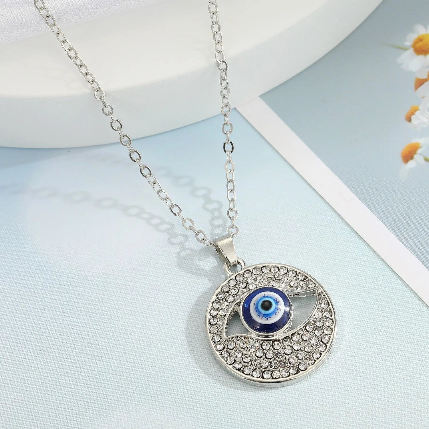 Silver Plated Rhinestones Evil Eye Design Circle Pendant Necklace Zircon Alloy Necklace Destiny Jewels