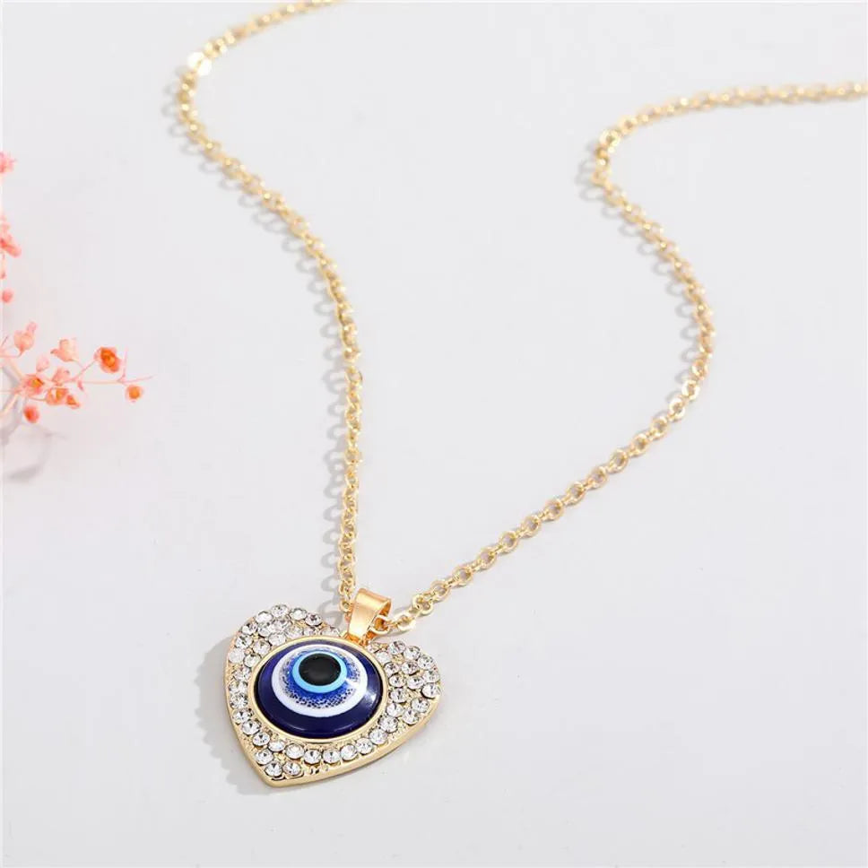 Gold Plated Stone Decor Plated Heart-Shaped Evil Eye Pandent Necklace Zircon Alloy Necklace Destiny Jewels