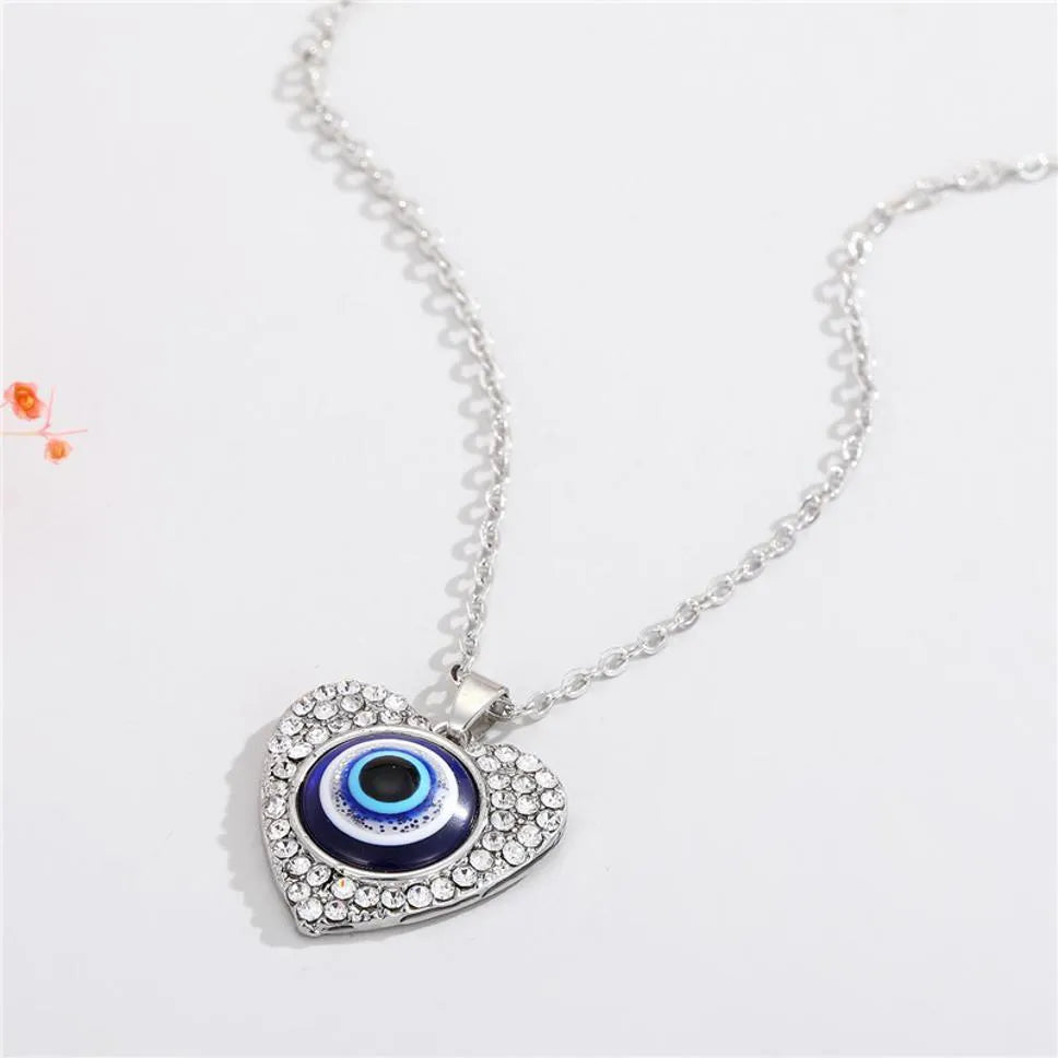 Silver Plated Stone Decor Plated Heart-Shaped Evil Eye Pandent Necklace Zircon Alloy Necklace Destiny Jewels