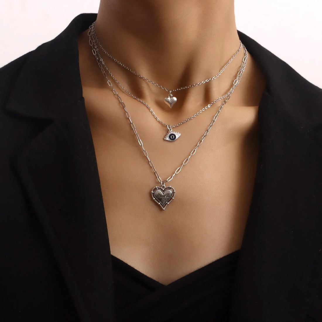 Silver Plated Evil Eyes Heart Shaped Multilayer Pendant Necklace Alloy Necklace Destiny Jewels