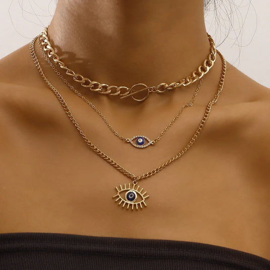 Gold Plated Cubic Zircon Decor Blue Evil Eye Charm Multi-Layered Necklace Alloy Necklace Destiny Jewels