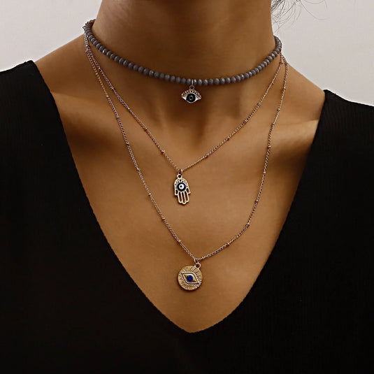 Gold Plated Layered Evil Eye Choker Pandant Multi-Layer Necklace Alloy Necklace Destiny Jewels