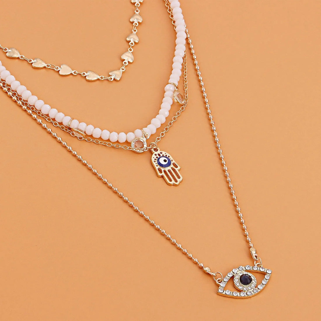 Gold Plated Rhinestone Evil Eye Multi-Layered Charm Layered Necklace Alloy Layered Destiny Jewels