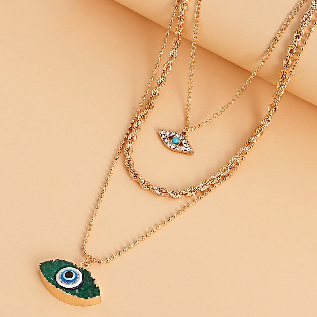 Gold Plated Stone Decor Green Evil Eye Multi-Layered Necklace Alloy Necklace Destiny Jewels