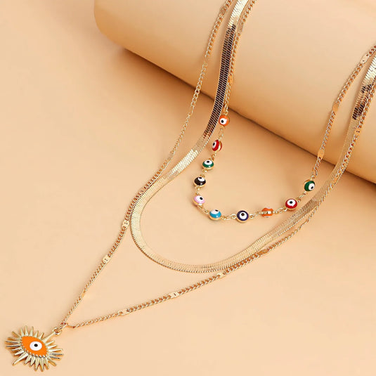 Gold Plated Colorful Gemstone Evil Eye Choker Multilayer Necklace Alloy Necklace Destiny Jewels