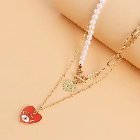 Gold Plated Evil Eye Double Heart Chunky Multilayer Necklace Alloy Necklace Destiny Jewels