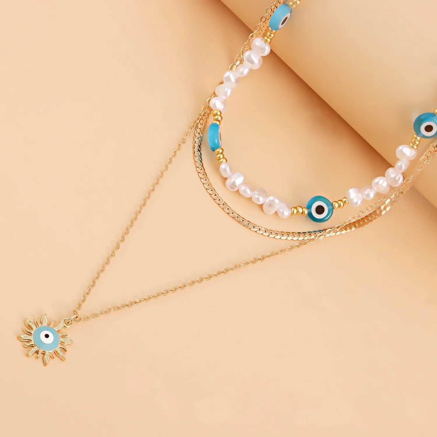 Gold Plated Multiple Blue Evil Eye With Sunflower Charm Necklace Alloy Necklace Destiny Jewels