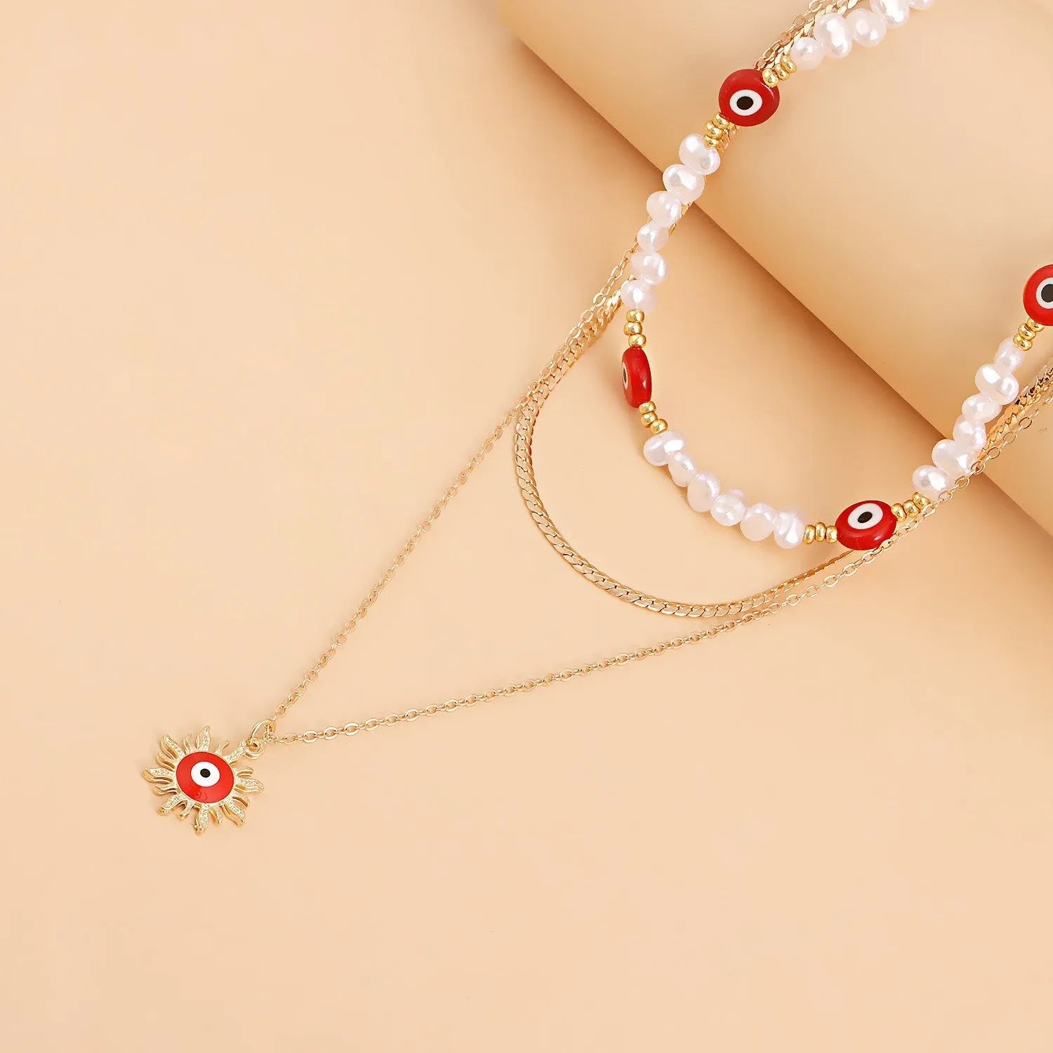 Gold Plated Multiple Red Evil Eye With Sunflower Charm Necklace Alloy Necklace Destiny Jewels