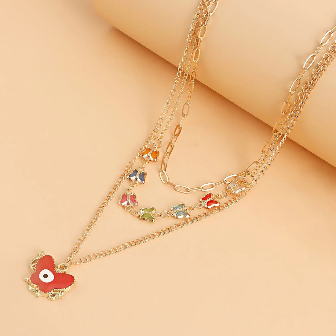 Gold Plated Evil Eye Multi-Colourn Butterfly Layered Pendant Necklace Alloy Necklace Destiny Jewels