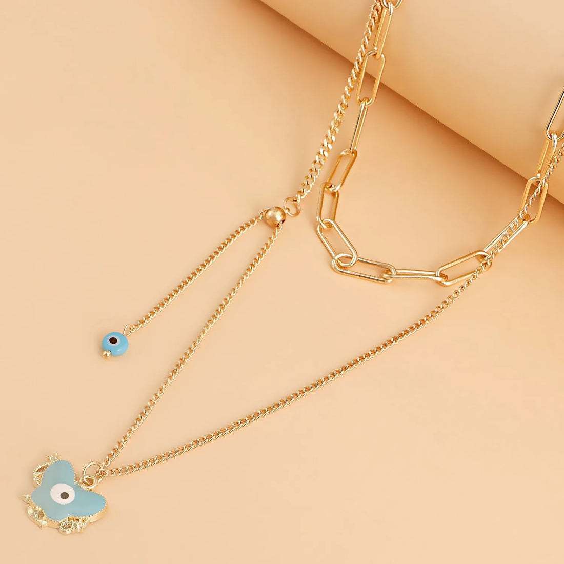 Gold Plated Evil Eye Blue Butterfly Multi-Layered Pendant Necklace Alloy Necklace Destiny Jewels