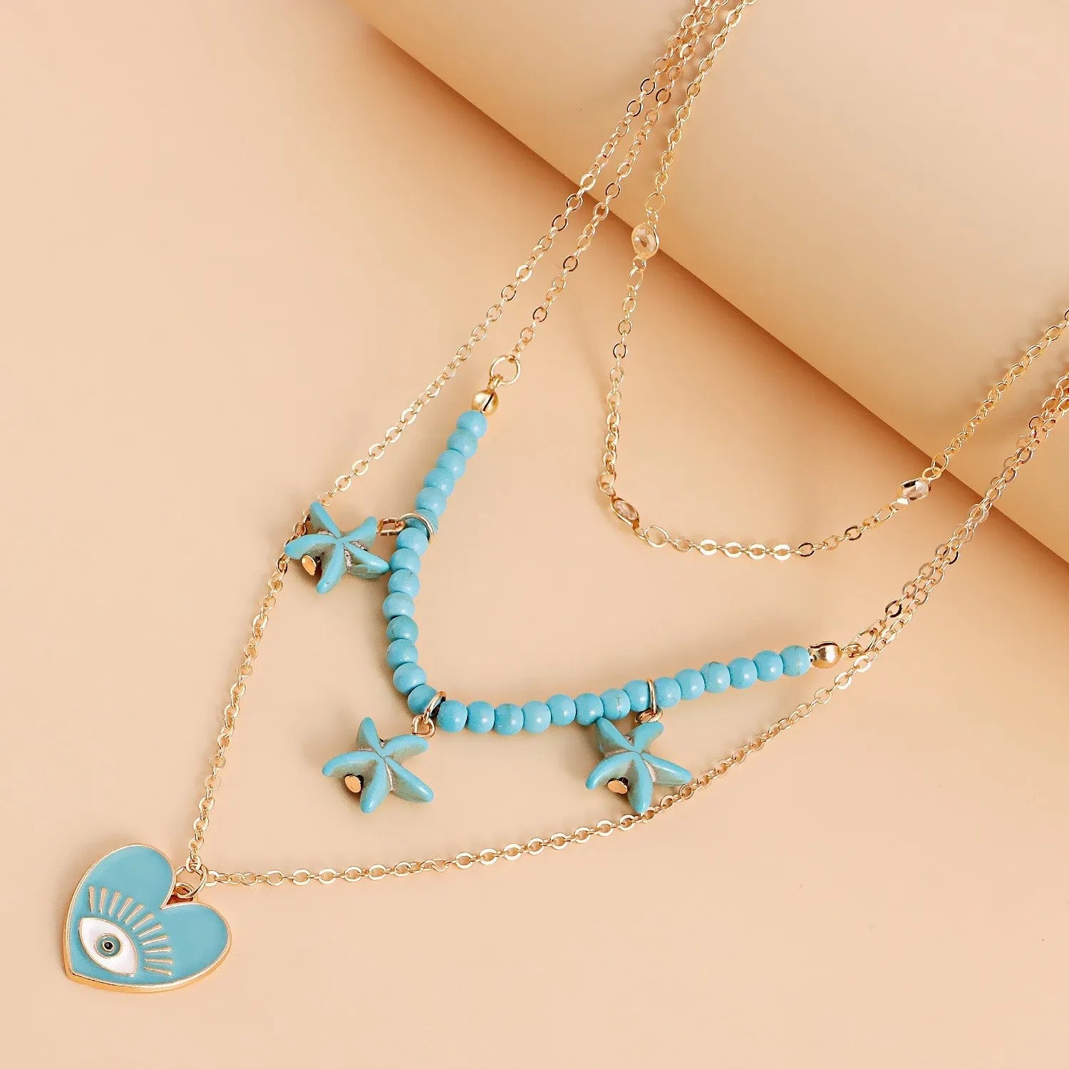 Gold Plated Evil Eye In Heart Beads Star Decor Multilayer Necklace Alloy Necklace Destiny Jewels