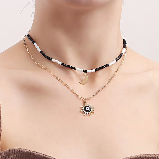 Gold Plated Black Evil Eye With Sunflower And Moon Multilayer Necklace Alloy Necklace Destiny Jewels