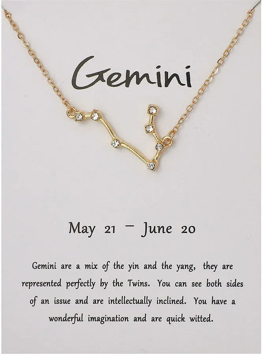 Desiny Jewels Gold Plated Rhinestone Decor Gemini Horoscope Astrology Zodiac Card Necklace Alloy Necklace Destiny Jewels