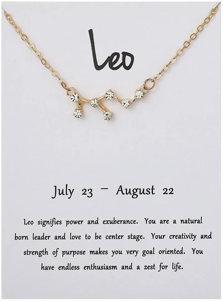 Desiny Jewels Gold Plated Rhinestone Decor Leo Horoscope Astrology Zodiac Letter Card Necklace Alloy Necklace Destiny Jewels