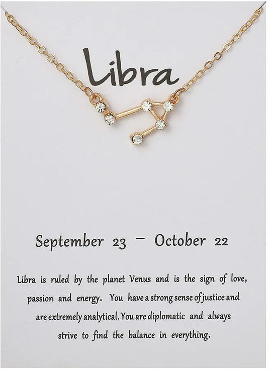 Desiny Jewels Gold Plated Rhinestone Decor Libra Horoscope Astrology Zodiac Card Necklace Alloy Necklace Destiny Jewels