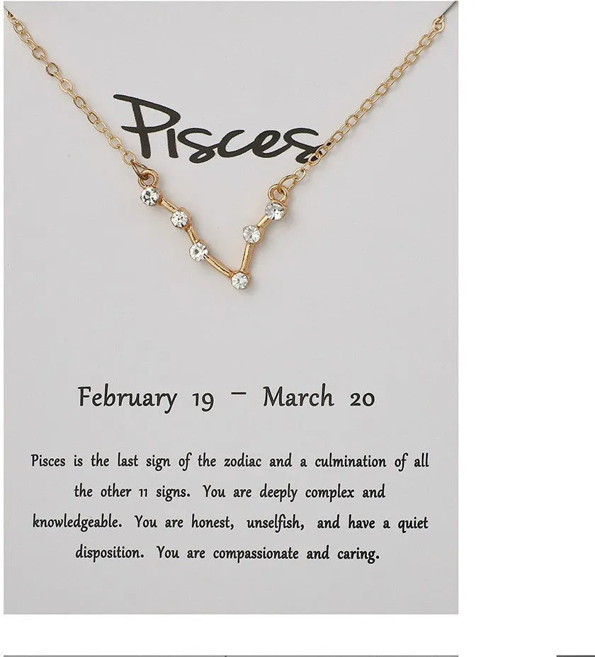 Desiny Jewels Gold Plated Rhinestone Decor Pisces Horoscope Astrology Zodiac Card Necklace Alloy Necklace Destiny Jewels